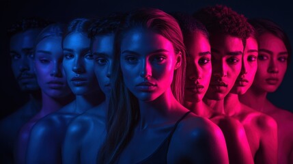 Blue team of cyber security professionals standing together in dark room lit by blue pink neon lights
