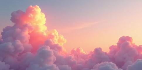 Warm tones of pink and yellow in the early morning sky with fluffy clouds, fluffy, soft, warm