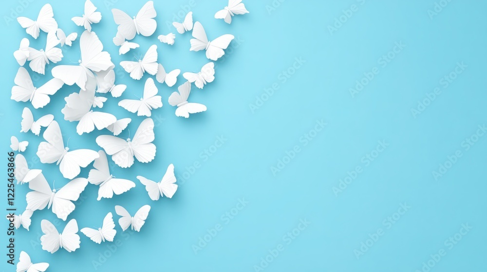 Aufkleber a stunning collection of white butterflies in flight creating a dreamy atmosphere against a soft blu