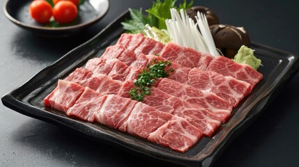 Sliced beef in a Shabu-shabu series presentation on a black tray.