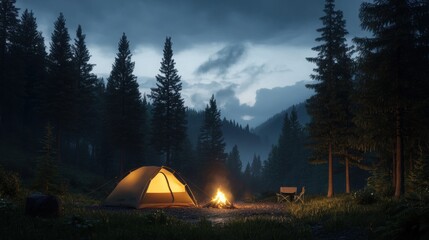 A tranquil camping scene at dusk, featuring a lit tent, a cozy campfire, and towering trees in a serene forest setting.