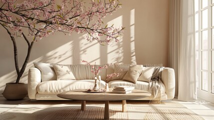 Spring-themed home decor with cozy sofa and blossoming branches on table