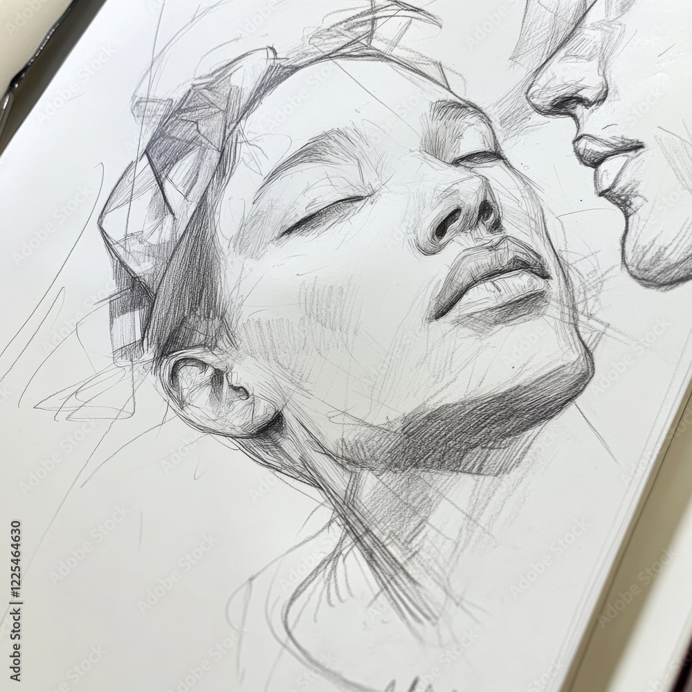 Poster artistic sketch of a serene face in profile with delicate features and expressive details on paper. 