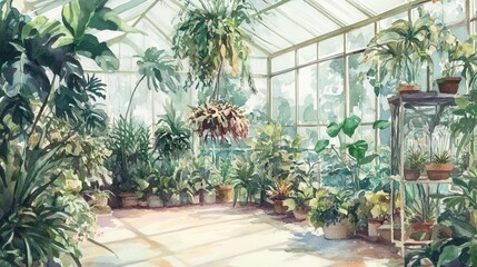 whimsical watercolor greenhouse interior featuring rare tropical plants, hanging vines, and botanical specimens in vintage glass terrariums, soft natural lighting
