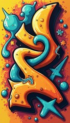 Obraz premium This eye-catching graffiti piece features bold orange and turquoise shapes swirling together against a bright yellow backdrop. The playful design, adorned with stars and droplets, radiates energy and