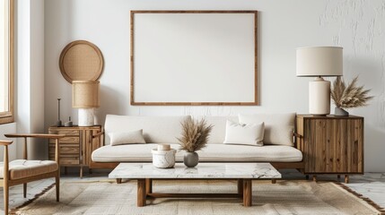Stylish living room decor with mockup frame, boucle sofa, wooden sideboard, coffee table, marble lamp, and personal accessories.
