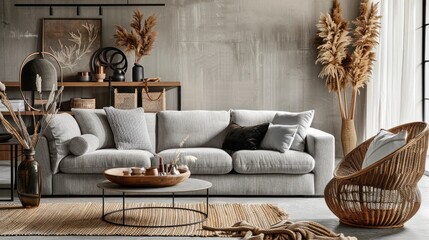Stylish Home Decor with Gray Sofa, Rattan Armchair, and Elegant Accessories