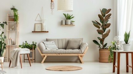 Stylish Scandinavian home decor with wooden furniture, plants, grey sofa, books, and personal items. White wall background.