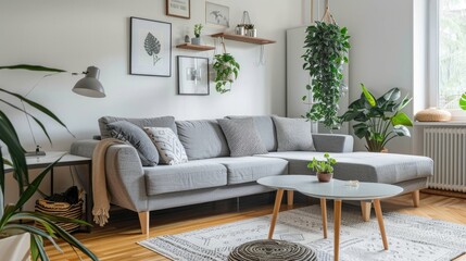 Stylish Scandinavian living room decor with grey sofa and modern accessories.