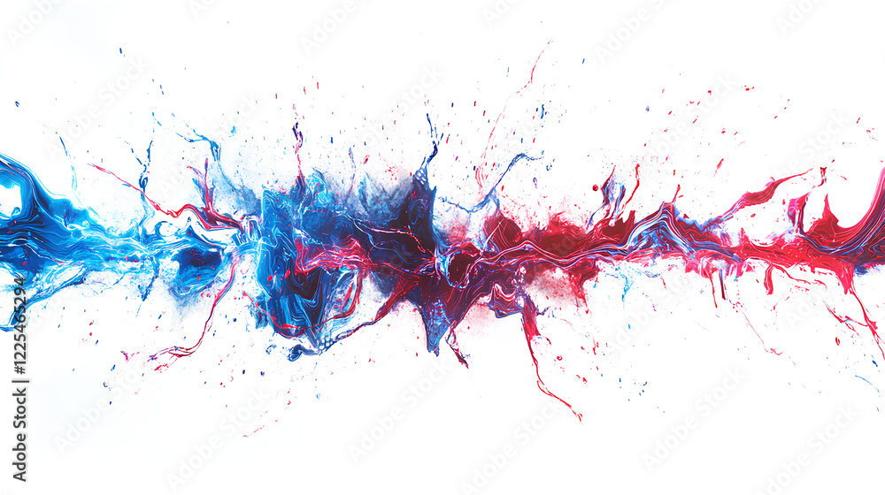 Poster row of abstract digital art of blue and red lightning streaks isolate on white background