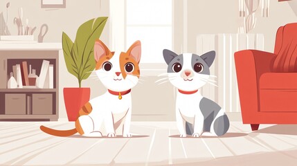 Fototapeta premium Adorable Cat and Dog Mascots at Home | Charming Pet Animals Playing Together Indoors