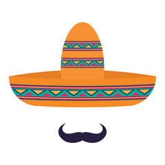 Mexican sombrero hat and mustache. Vector illustration of Cinco de Mayo celebration icon.