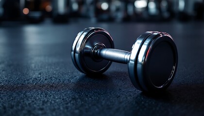 A metal weight with a handle on each end, commonly used in strength training exercises, resting on the ground with its chrome finish glinting under the gym lights.