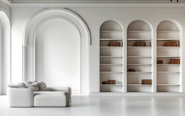 Elegant interior featuring minimalist white walls, integrated bookshelves, and large arched doorways, blank surface ready for product display