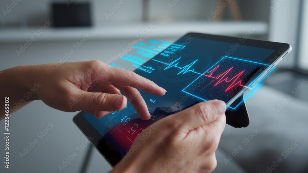 Poster hands using tablet displaying medical data analysis