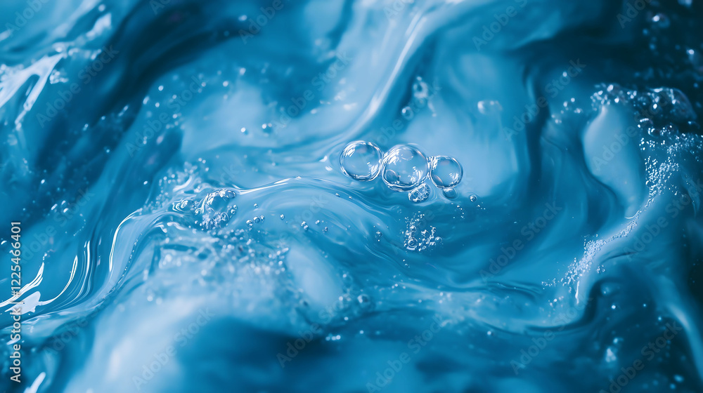 Poster close up exploration of flowing blue liquid with delicate bubbles in a serene setting. generative ai