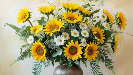 A vibrant bouquet of yellow sunflowers, white daisies, and green eucalyptus, spilling from a rustic vase, exudes warmth and joy, set against a soft, creamy background.
