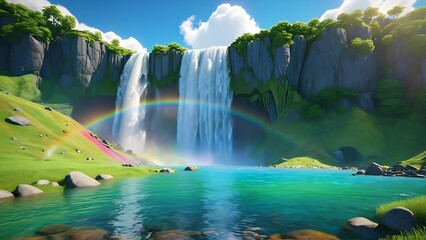 Silk like waterfall with colorful rock and green leaves, Lush Rainforest Paradise. A vibrant and lush rainforest scene featuring a cascading waterfall,