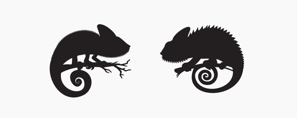 A set of three black chameleon silhouettes in different poses on a light gray background, ideal for logos, prints, and reptile-themed designs
