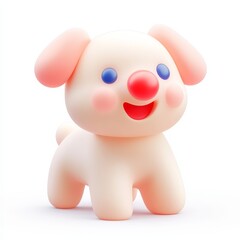 A cute, cartoonish dog figure with a round nose and cheerful expression, designed in soft colors and a playful style.