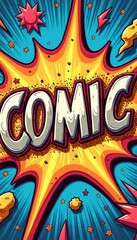 Fototapeta premium A vibrant explosion of colors bursts forth, featuring the word COMIC in striking, oversized letters. This eye-catching design, filled with stars and cosmic elements, captures the essence of comic book