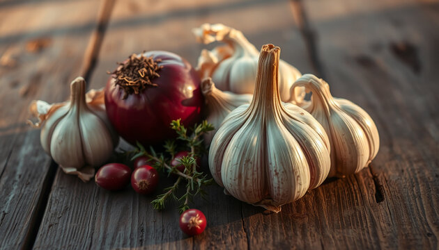 Fresh garlic and onions on a rustic wooden table