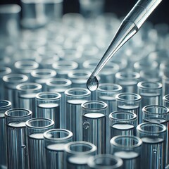 Close-up view of a laboratory setting, specifically focusing on a pipette dispensing a liquid into a test tube
