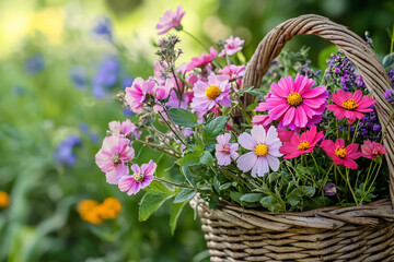 Vibrant bouquet of pink and purple flowers in a woven basket against a lush garden backdrop