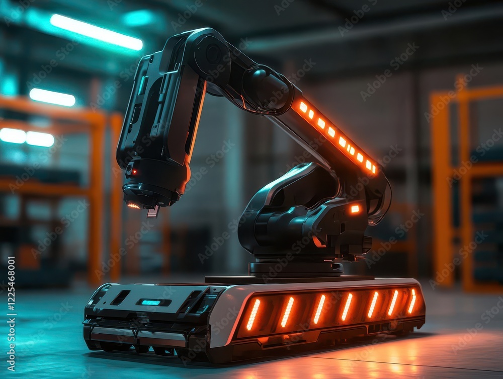 Poster advanced robotic arm system orchestrating warehouse logistics, led indicators glowing in dimly lit i