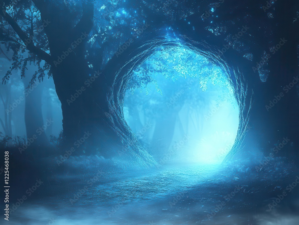 Poster ancient tree branches intertwine to form a luminescent archway in a misty forest, ethereal blue ligh