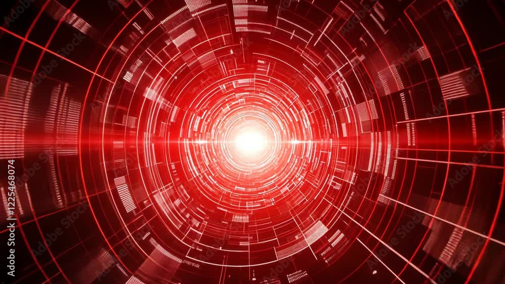 Poster red glowing abstract tunnel with circular patterns and light at center creating a sense of depth and