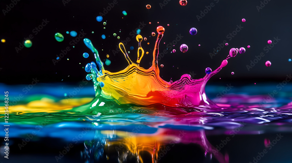 Poster brightly colored liquid creates stunning ripple effect in a dark setting with vibrant splashes and d