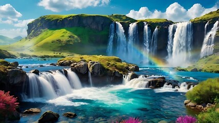 Fototapeta premium Serene Waterfall Cascading Through Lush Valley, Lush Rainforest Paradise. A vibrant and lush rainforest scene featuring a cascading waterfall, 