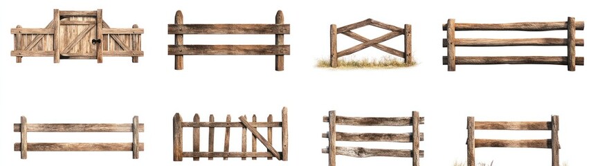 Obraz premium Collection Of Rustic Wooden Fence Sections And Gate