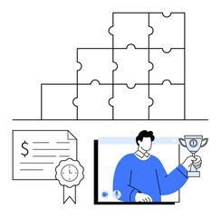 Businessman holding trophy on a screen, stairs-puzzle graph, certificate with medal and dollar sign. Ideal for business accomplishments, online achievements, virtual awards, corporate recognition