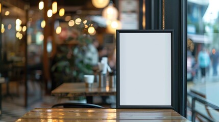 White poster with black frame displayed against blurred cafe background for showcasing promotional products