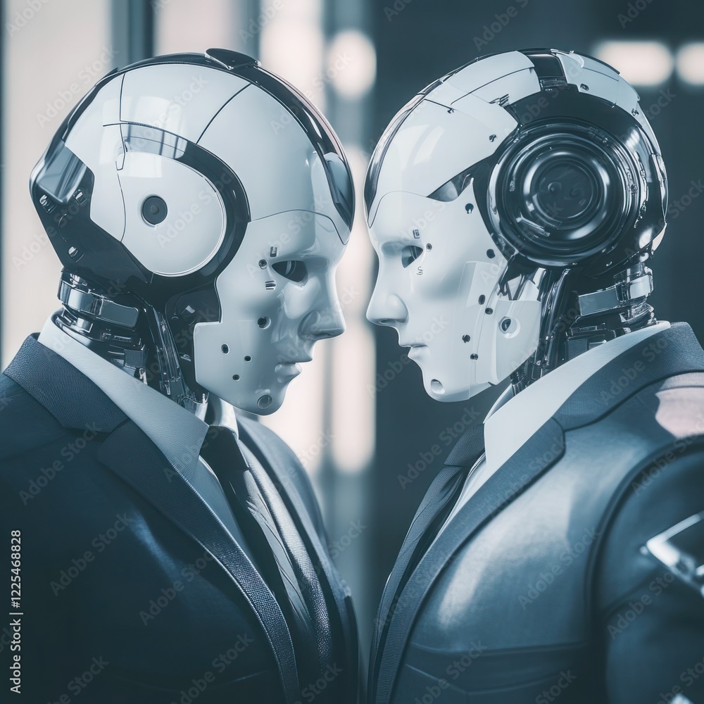 Poster futuristic humanoid robots in business suits engaged in a conversation, showcasing advanced artifici