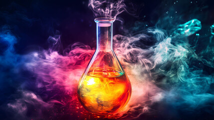 Laboratory Flask Filled With Vibrant Liquid and Glowing Fumes in a Colorful Background. Generative AI