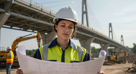 Female Civil Engineer Reviewing Bridge Construction Plans on Site