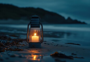 Candle Lantern on Sandy Beach at Twilight with Soft Ocean Waves
