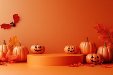 Group of pumpkins with a bat flying above them in a spooky halloween scene