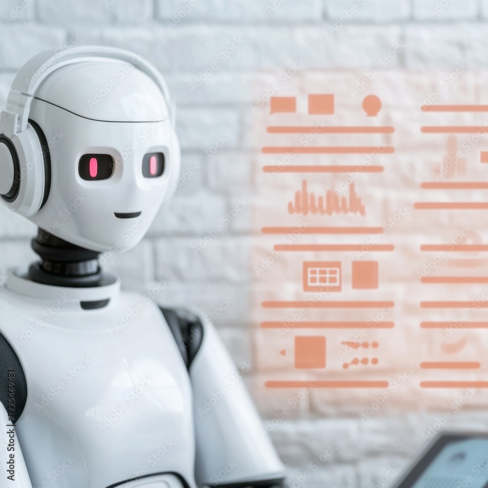 Poster friendly humanoid robot wearing headphones engages with digital graphs and data on a futuristic inte