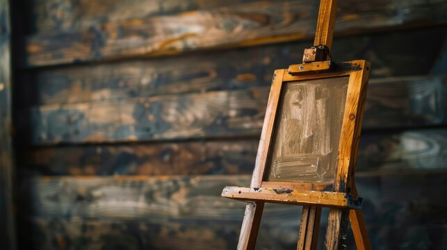 Wooden easel placed on wooden surface.