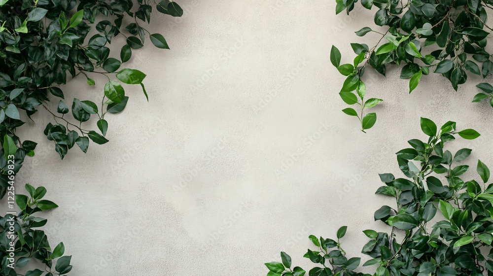 Poster green leaves creating frame on beige wall background with copy space