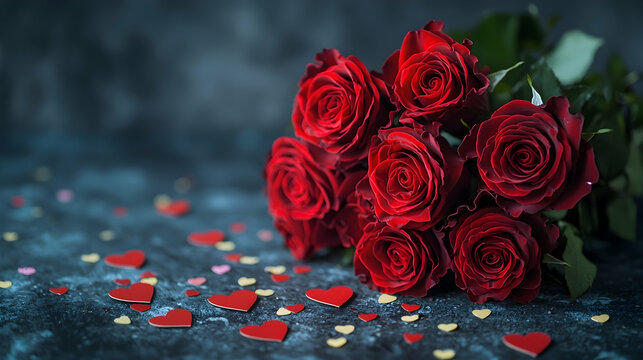 A bouquet of red roses with heart-shaped confetti scattered around - Powered by Adobe