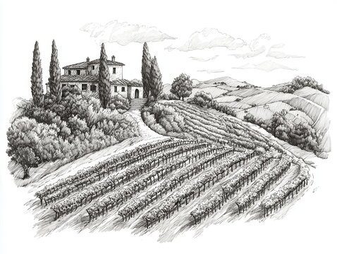 detailed pen and ink illustration of rolling tuscan hills, cypress trees dotting terraced vineyards, rustic villa, intricate crosshatching technique, old world charm