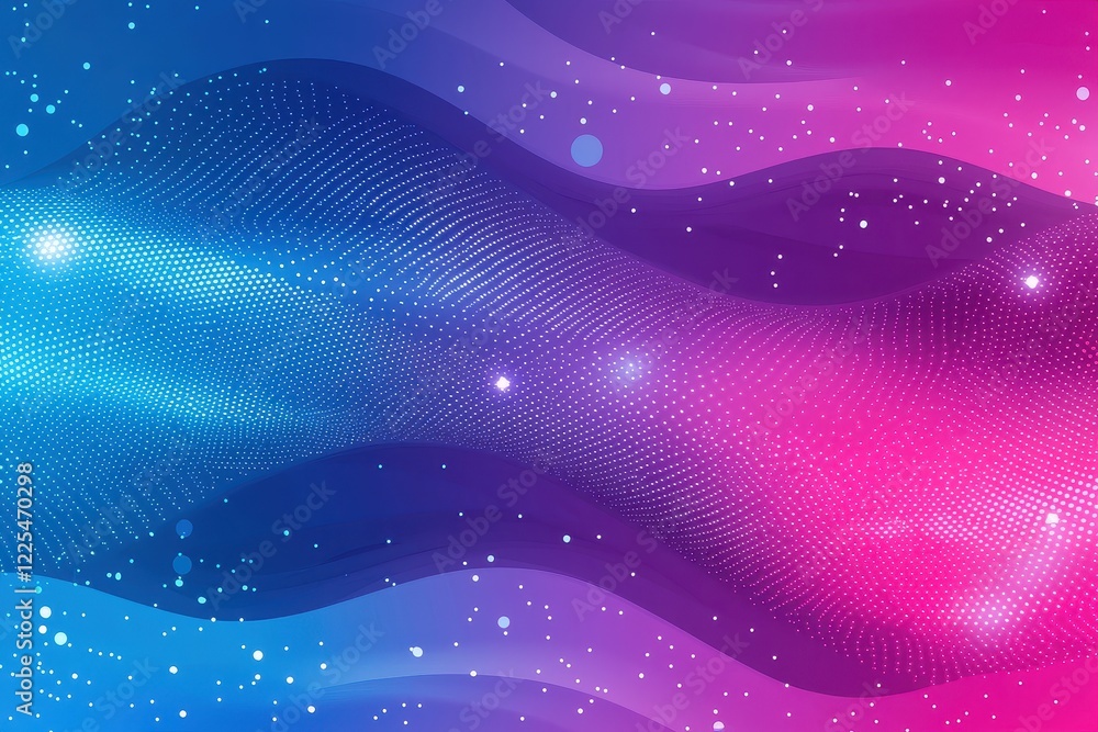 Wall mural abstract waves in blue and pink with glowing dots and stars