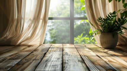 Wooden table against blurred window curtain in fresh morning setting with space for design