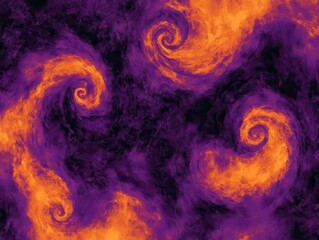 dynamic abstract background with deep purple and orange cosmic swirls, grainy film texture overlay, retro-futuristic neon accents, and rich black shadows creating depth