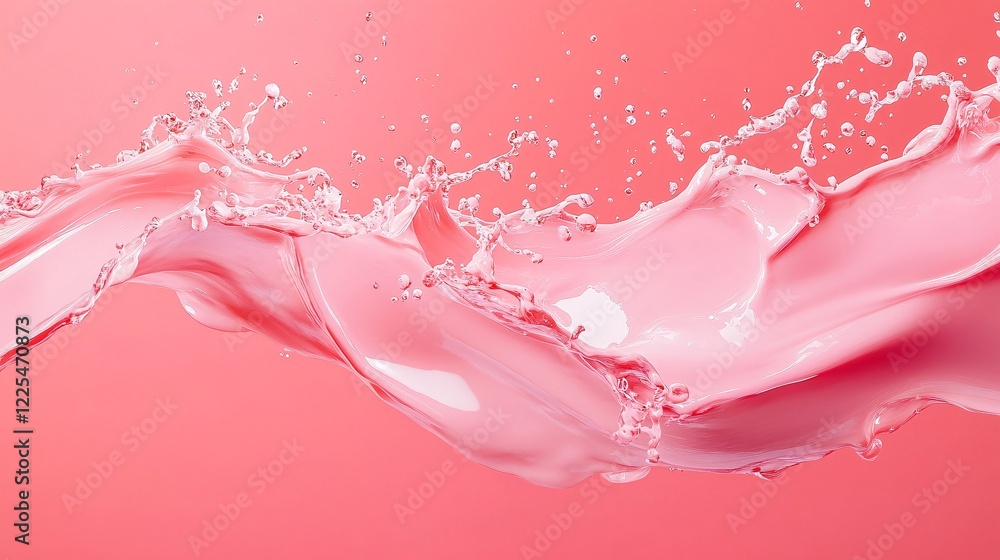 Poster pink liquid splashing and making a wave with drops on pink background
